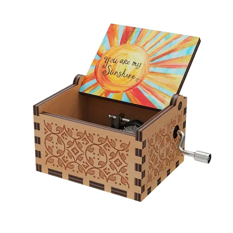 Wooden Hand Crank Music Box Vintage Laser Engraved Wood Musical Box Gift For Daughter Son Birthday Christmas Sunshine Theme