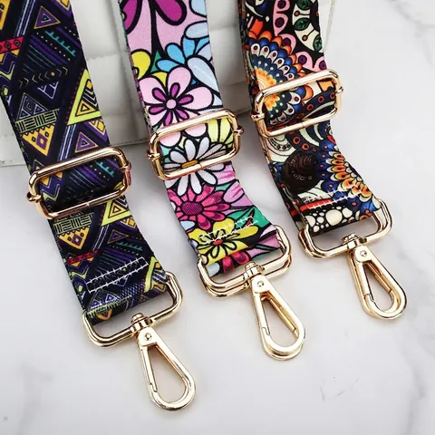 Wide Replacement Bag Straps Adjustable Shoulder Strap Polyester Ethnic Floral Print Gold Metal Buckles For Women Crossbody Handbags