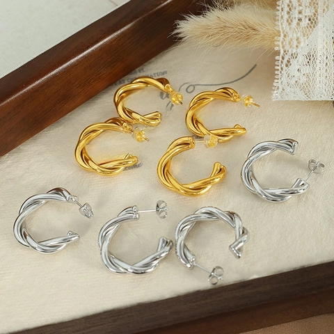 Pendientes de Aro Retorcidos en Forma de C de Acero de Titanio para Mujer Textura Trenzada Color Oro Plata Joyería