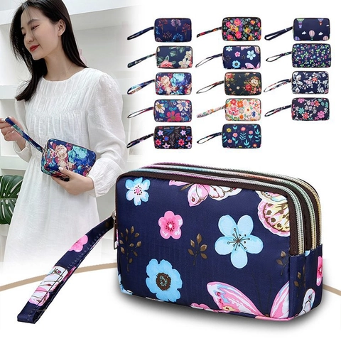 Damen Große Kapazität Oxford Gewebe Clutch Tasche Dreilagige Reißverschluss Handytasche Floral Gedruckte Lange Geldbörse