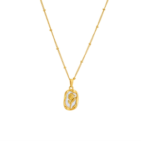 Vintage Rose Relief Pendant Necklace Titanium Steel Gold Plated Mother Of Artificial Pearl Shell Beaded Chain Elegant For Women
