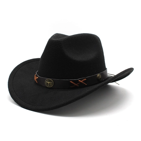 Chapeau De Cowboy Occidental En Feutre De Laine À Bord Large Avec Bande En Cuir Tête De Taureau Métal Style Vintage