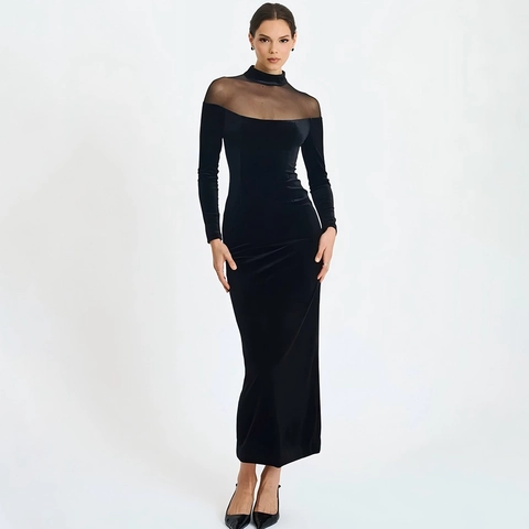 Sexy Fluwelen Maxi Jurk Voor Dames Mesh Transparante Patchwork Lange Mouwen Hoge Hals Avondfeest Clubwear