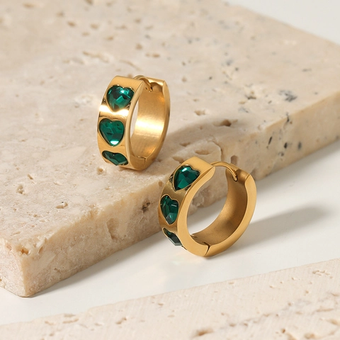 Orecchini A Cerchio In Acciaio Inossidabile Placcato Oro 18K Con Zircone A Forma Di Cuore Verde Gioielli Per Donna