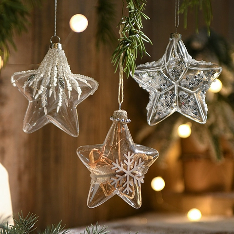 Clear Glass Christmas Tree Ornaments Hanging Star Ball Snowflake White Sequin Bead Festive Holiday Decoration