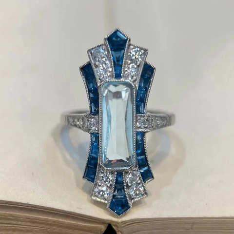 Art Deco Rectangular Blue Cubic Zirconia Ring Vintage Hollow Geometric Copper Jewelry For Women