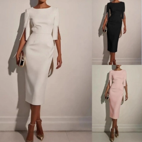 Elegant Midi Dress With Artificial Pearl Beaded Slit Sleeves Slim Fit Round Neck Commute Solid Color Polyester Clothing For Women