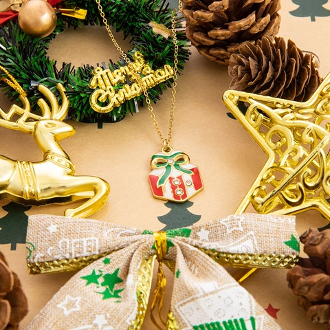 Collana Pendente Natale Acciaio Inossidabile Placcato Oro 18K Smalto Babbo Natale Pupazzo Di Neve Calza Gioielli Festivi Regalo Donne