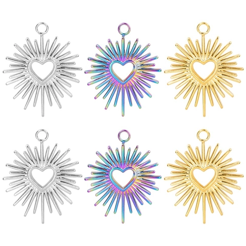 Colgante Corazón Rayos De Sol Acero Inoxidable Hueco Sol Radiance Charm Para Joyería DIY Estilo Minimalista Mujeres