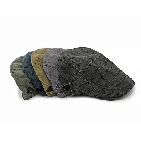 Vintage Plaid Beret Hat Washed Cotton Adjustable Flat Cap For Men Women Breathable British Style Retro Newsboy Ivy Cap