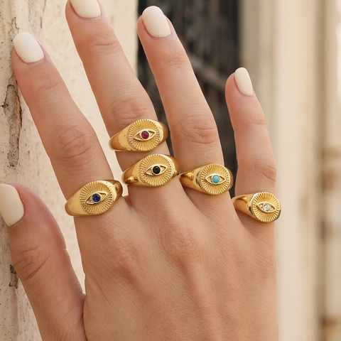 Vintage 18 Karat Vergoldet Kupfer Böser Blick Offener Ring Für Damen Minimalistisch Einstellbar Zirkonia Fingerring Schmuck