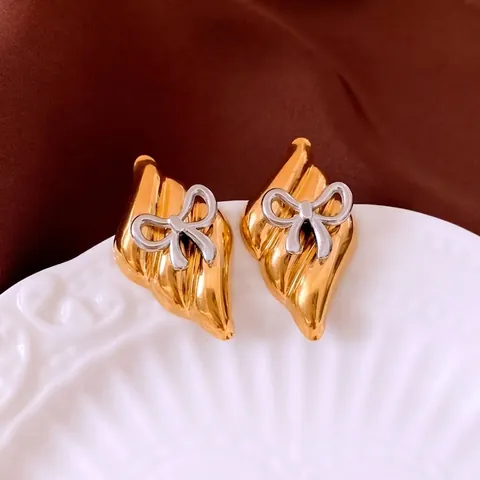 Orecchini A Lobo Con Fiocco Con 925 Sterling Silver Earring Post Acciaio Inossidabile Bicolore Foglia Texture Retrò Donna