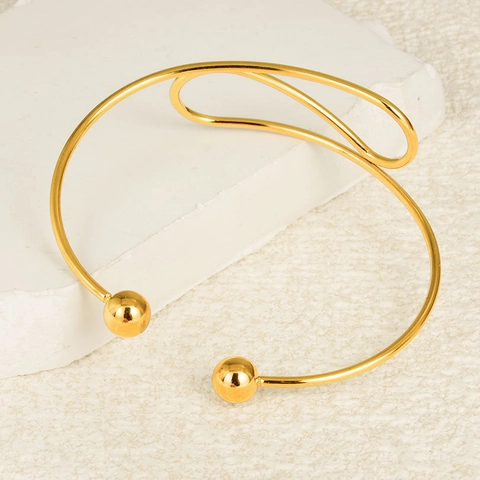 Bracciale Rigido Aperto in Acciaio Inossidabile 304 Minimalista per Donna Regolabile Doppia Sfera Gioielli Moda Oro Argento