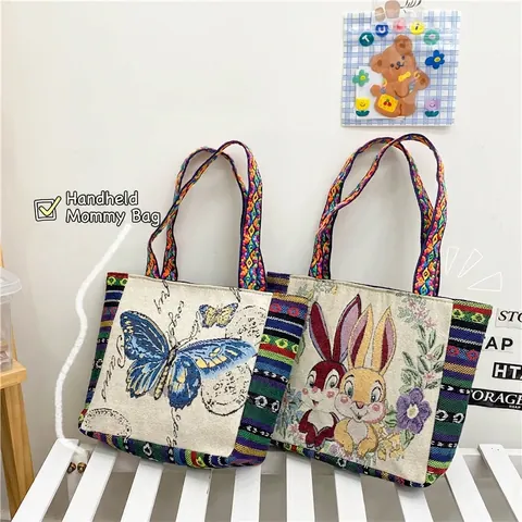 Borsa A Mano Etnica Da Donna Ricamo Retrò Tela Cotone Lino Borsa Tote Fiore Elefante Grande Capacità Borsa A Spalla