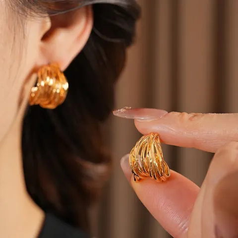Orecchini A Cerchio A Forma Di C Avvolti A Più Strati Placcati In Oro Con Perno In Argento Per Donna Gioielli Intrecciati