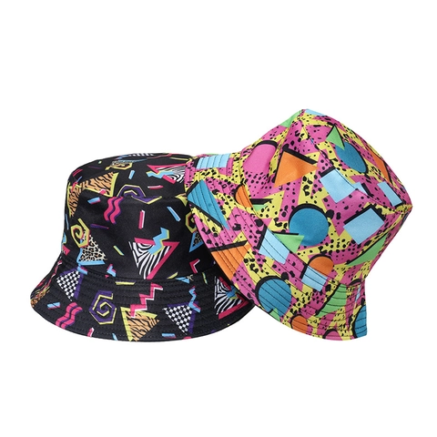 Cappello da Pescatore con Motivo Geometrico Retrò per Donna Stile Memphis Anni 90 Cappello da Sole in Poliestere Stampa Leopardata