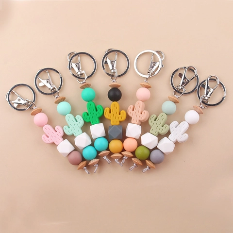 Portachiavi con Perline di Silicone a Forma di Cactus del Fumetto Ciondolo per Borsa con Perline di Legno Fatto a Mano per Donne Ragazze Bambini