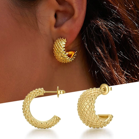 Orecchini a Cerchio in Rame Texturizzati Stile Francese Vintage per Donna Placcati Oro Geometrici a C Gioielli alla Moda