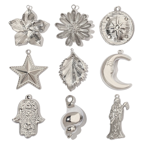 DIY Charms Pendants Stainless Steel Moon Star Leaf Shell Hamsa Hand Evil Eye Vintage Jewelry Making Accessories
