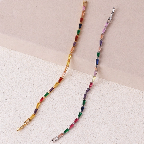 Bracciale Tennis Arcobaleno Zirconia Cubica Baguette Colorata Ottone Placcato Oro 18K Gioielli A Catena Per Donna Regalo