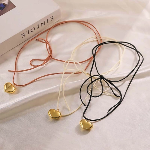 Collier Pendentif Cœur En Cuivre Longue Corde En Daim Nœud Papillon Ajustable Simple Chic Doux Élégant Bijoux Femmes