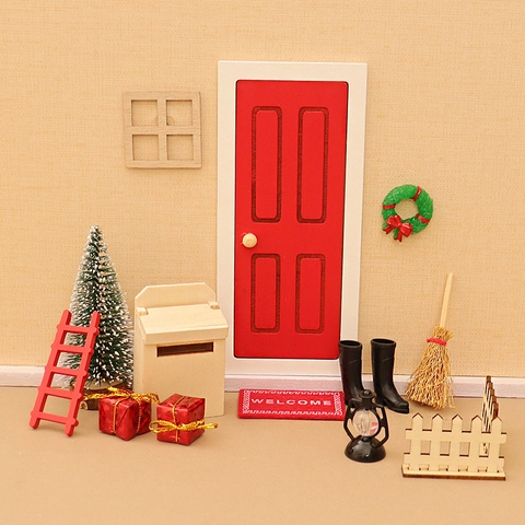 Christmas Dollhouse Miniature Wood Door Ladder Mailbox Wreath Trees Boots Mat Plastic Fabric Festive Holiday Decor