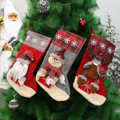Christmas Stockings Gift Bags Plush Felt Fabric With 3D Santa Snowman Reindeer Design Plaid Snowflake Holiday Tree Hanging