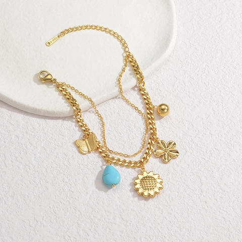 Bohemian Stainless Steel Gold Plated Charm Bracelet For Women Butterfly Heart Sunflower Artificial Pearl Rhinestone Pendant Jewelry