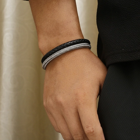 Men Double Layer Bracelet Stainless Steel Mesh And Woven Leather Strap With Magnetic Clasp Fashion Punk Jewelry For Him