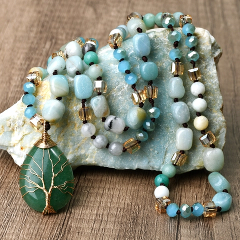 Collier Long Perlé Noué En Amazonite Vintage Pour Femmes Pendentif Arbre De Vie En Aventurine Verte Fait À La Main Chaîne De Pull En Cristal