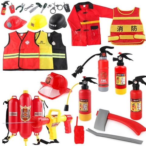 Brandweerman Kostuum Outfit Voor Kinderen Rollenspel Met Helm Speelgoed Brandblusser Waterpistool Rugzak En Gereedschap