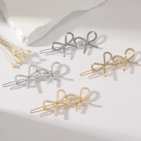 Bowknot Hair Clip Alloy Rhinestone Artificial Pearl Butterfly Barrette Elegant Sparkling Hairpin Side Clip For Women Girls