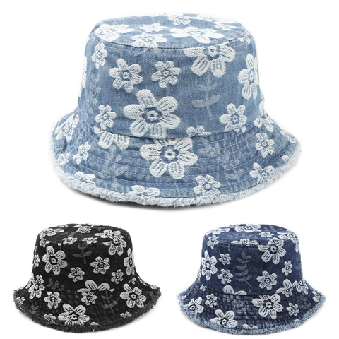 Bestickter Jeans Fischerhut Für Damen Gewaschener Ausgefranster Rand Sommer Sonnenschutz Outdoor Retro Hut
