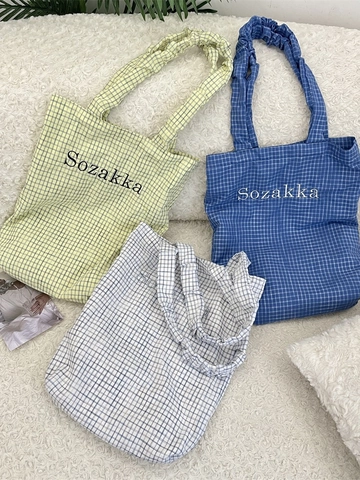 Draagtas Met Ruitpatroon Polyester Grote Capaciteit Geplooide Schouderband Letterborduursel Koreaanse Stijl Vrouwen Dagelijks