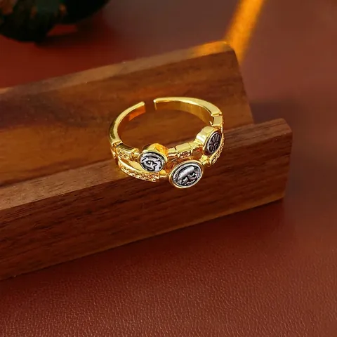 Vintage Coin Open Ring For Women Copper With Zircons Geometric Relief Three Round Discs Adjustable Retro Jewelry Gift