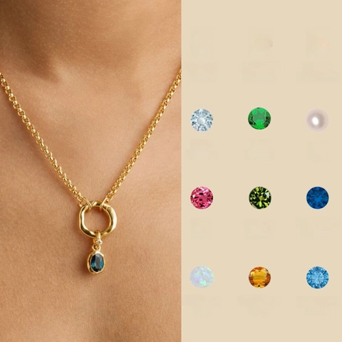 Birthstone Pendant Necklace Copper Gold Plated Oval Zircon Months Gemstone Jewelry Fashion Retro Gift For Women Girls