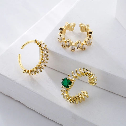 Geometric Open Ring Copper Gold Plated Emerald Cut Green Zircon Marquise Clear Stone Adjustable Jewelry For Women
