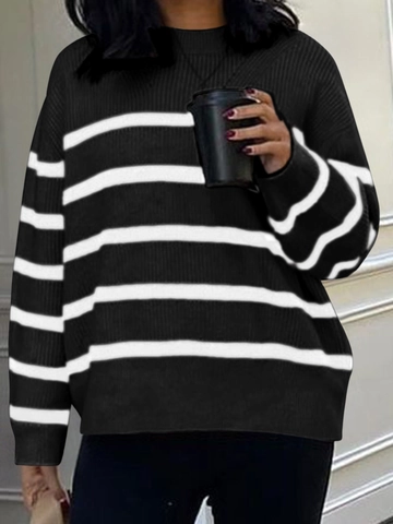 Damen Gestreifter Pullover Langarm Strickoberteil Lockerer Schnitt Rückenfreier V-Ausschnitt Polyester Polyamid Wolle Elastan