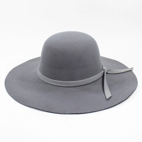 Women Wide Brim Woolen Felt Hat Round Dome Sun Protection Elegant Ribbon Bow Winter Fedora