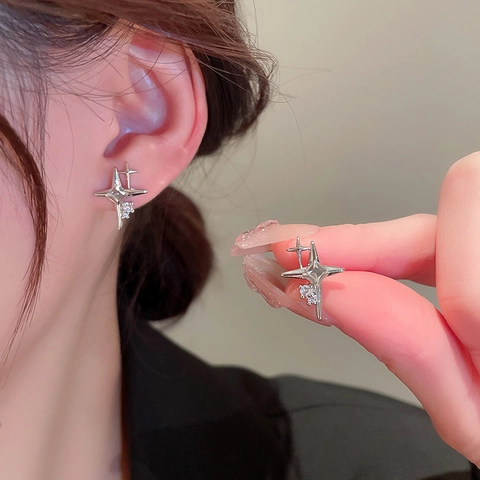 Starburst Stud Earrings Copper Rhinestone With 925 Sterling Silver Earring Post Four Pointed Star Elegant Jewelry For Women