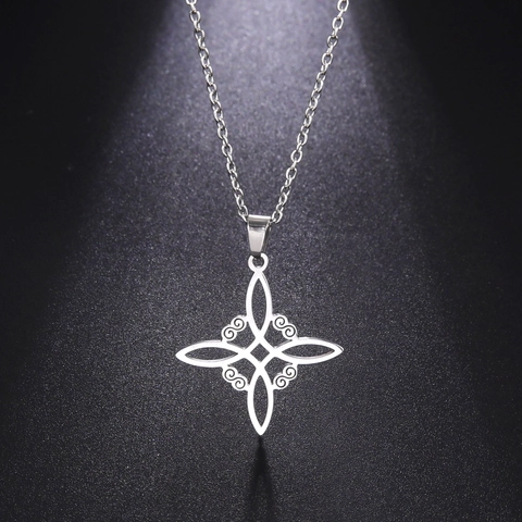Collier Pendentif Nœud de Sorcière en Acier Inoxydable Simple Nœud Celtique Géométrique Bijoux Mystiques pour Femmes Cadeau