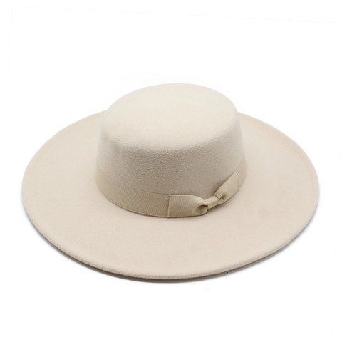 Vintage British Style Boater Hat Wool Felt Flat Top Wide Brim Elegant Ribbon Bow Fedora For Women Men