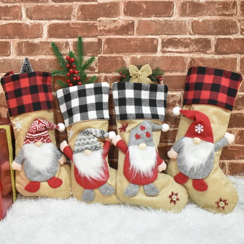 Rustic Christmas Stocking Gift Bag With Faceless Gnome Plush Doll Plaid Burlap Christmas Sock For Holiday Home Decor