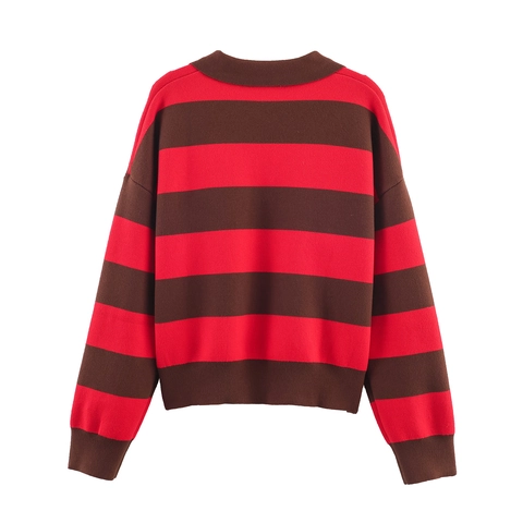 Jersey De Punto A Rayas Polo Cuello En V Manga Larga Holgado Retro Casual Punto Acanalado Para Mujer