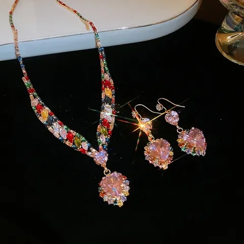 Copper Colorful Zircon Heart Pendant Necklace And Earrings Romantic Multi-color Rainbow Clavicle Chain Jewelry Women