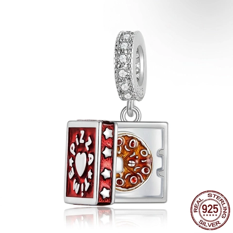 Funny Pizza Box Dangle Charm 925 Sterling Silver Red Enamel With Zircon For Bracelet DIY Jewelry Gift