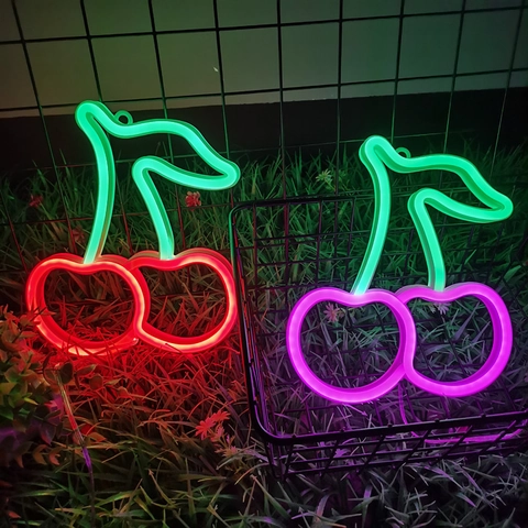 Cherry Shape LED Neon Sign Wall Decorative Light Dual Powered USB Battery Operated Atmosphere Lamp For Bedroom Party Decor