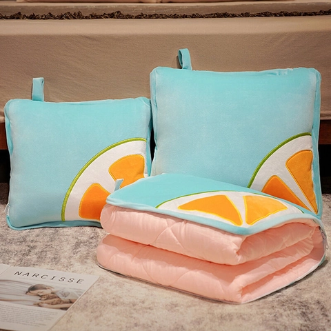 Multifunctional Travel Pillow Blanket Dual Use Soft Plush Cartoon Fruit Embroidered Folding Cushion Quilt For Office Car Nap