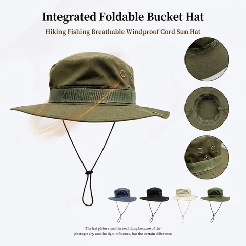 Outdoor Tactical Boonie Hat Sun Protection Wide Brim Ripstop Polyester Breathable Fishing Hiking Adjustable Chin Strap