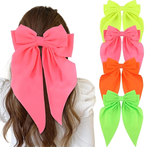 Large Neon Bow Hair Clips Fabric Ribbon Bowknot Scrunchies Fashion Sweet Hair Accessories For Women Girls